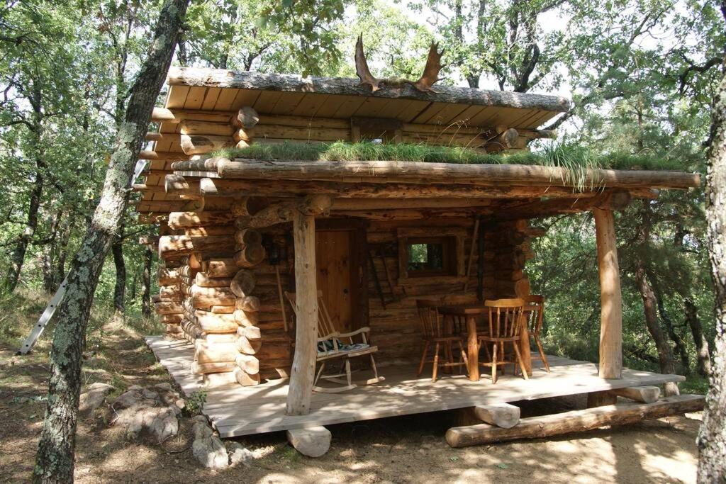 een blokhut met een tafel en stoelen in het bos bij Chez Buddy - cabane de trappeur in Peaugres