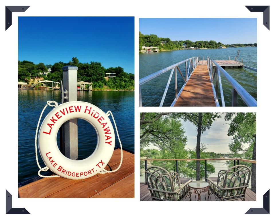 un collage de tres fotos de un muelle con un salvavidas en Lakefront, Private Dock, Spectacular Views, en Bridgeport