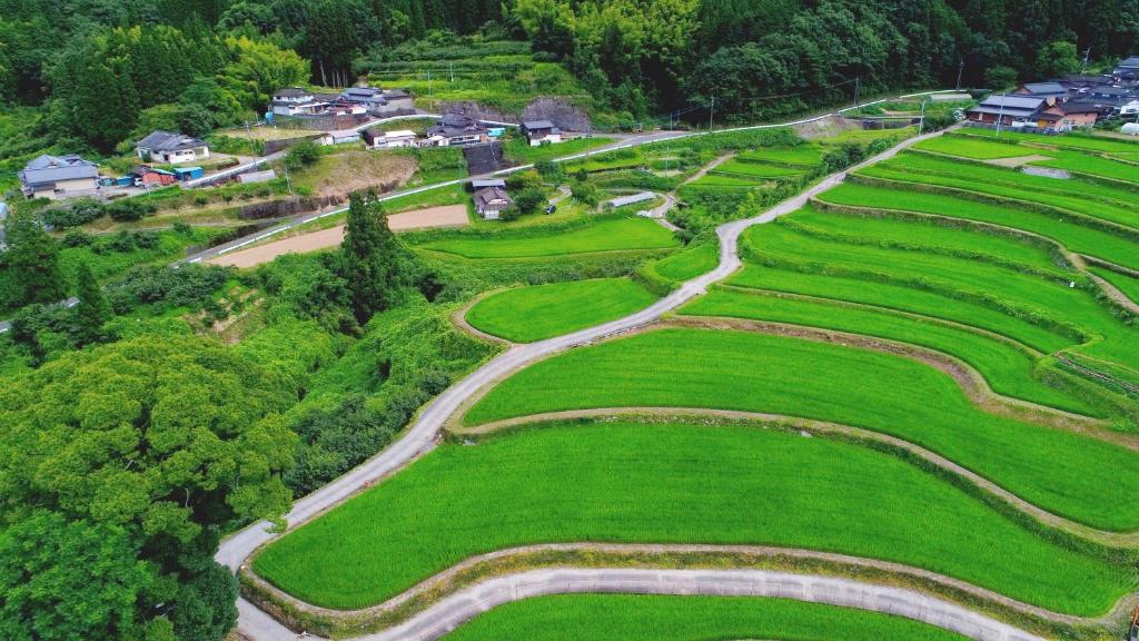 an aerial view of a farm field at Kitsunenotebukuro in Misato