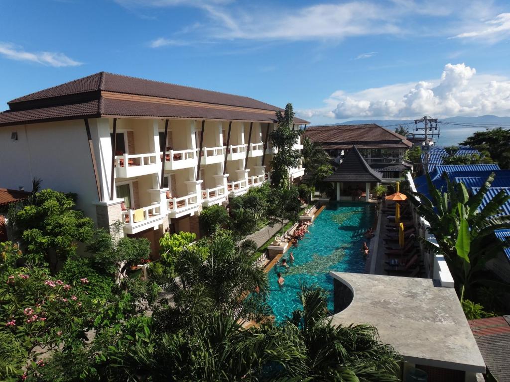 an aerial view of a resort with a pool at Neptune's Villa in Haad Rin