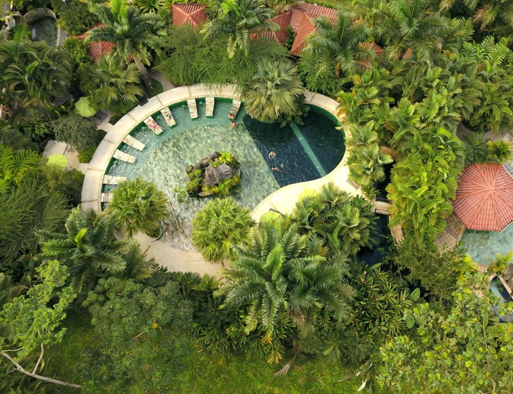 an aerial view of a swimming pool in a resort at Paradise Hot Springs in Fortuna