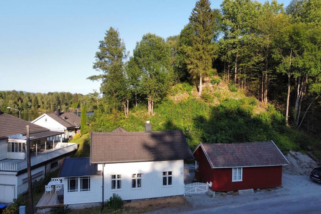 an aerial view of houses and a hill with trees at Huset ved evja in Ulefoss
