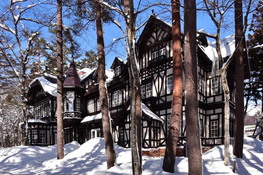 a large black and white house in the snow at Hotel La Neige Honkan in Hakuba