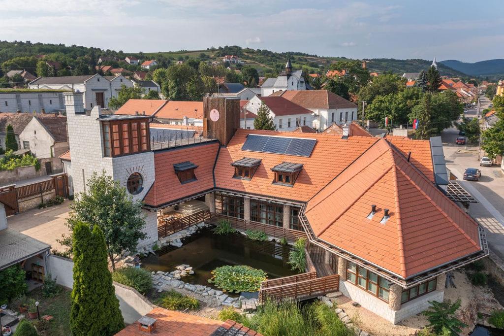 an overhead view of a house with a solar roof at Furmint Ház in Mád