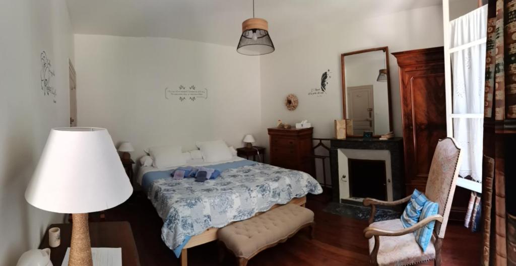 - une chambre avec un lit, une lampe et une cheminée dans l'établissement Chambres d'hôtes VILLA ALEXINA, à Trôo