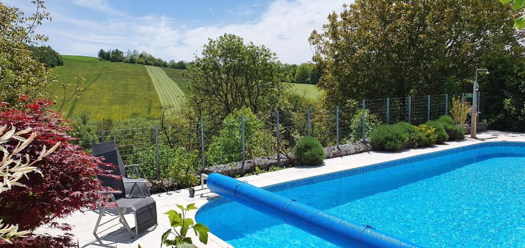 una piscina con un tubo azul en un patio en Penzion Zahrada nad řekou, restaurace a kavárna - PARKOVÁNÍ GRÁTIS, en Zlatá Koruna