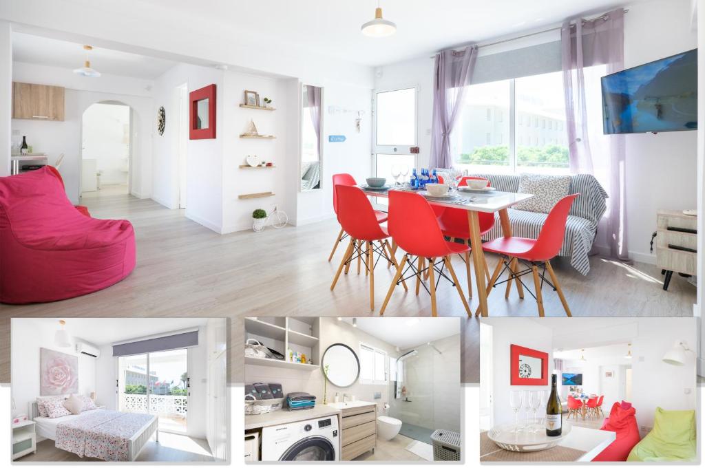 a collage of photos of a living room and dining room at Seaview 3 bedroom Kings Road Penthouse in Paphos