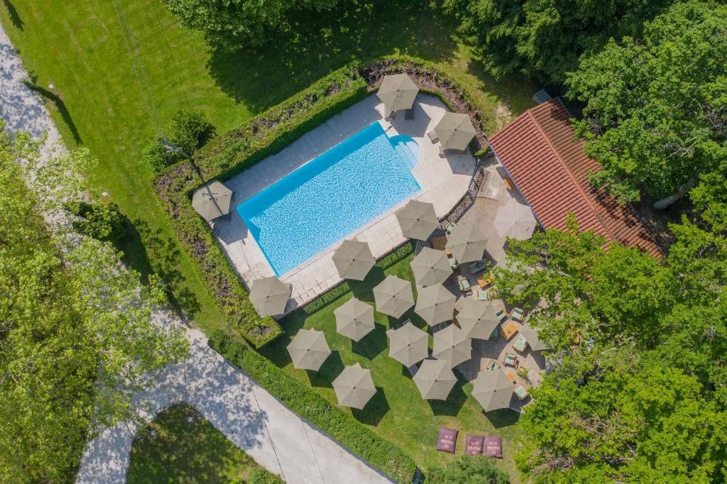 una vista aérea de una piscina en un patio en Chateau des Ayes - Chambres & suites, en Saint-Étienne-de-Saint-Geoirs