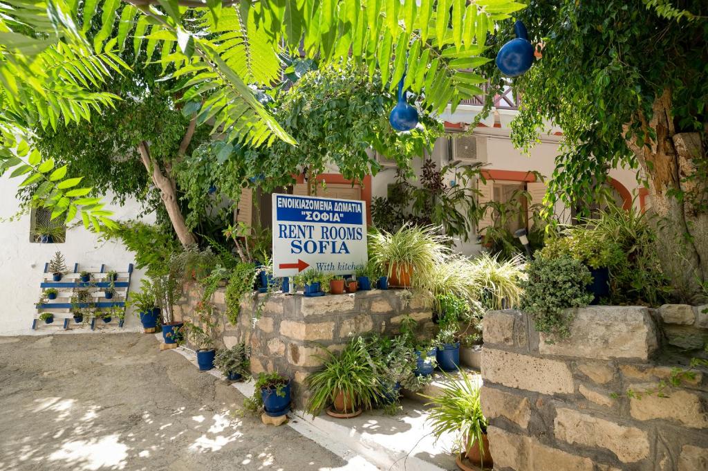 a sign in a garden with plants and trees at Sofia rooms in Pitsidia