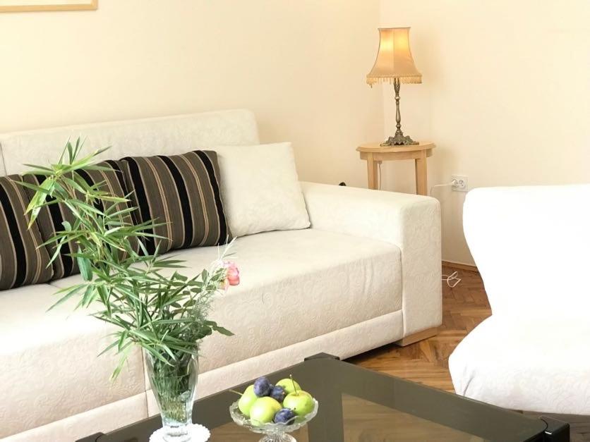 uma sala de estar com um sofá branco e uma mesa em Marija Magdalena Apartments em Arandjelovac