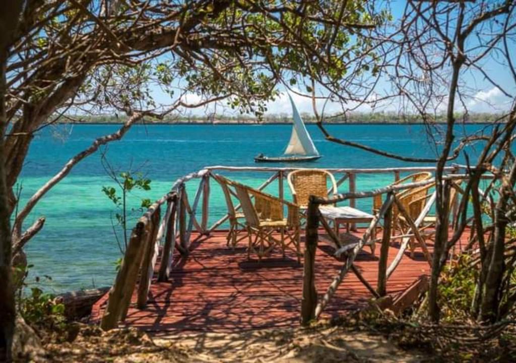 un muelle con sillas y un velero en el agua en Firefly Eco Retreat, en Shimoni