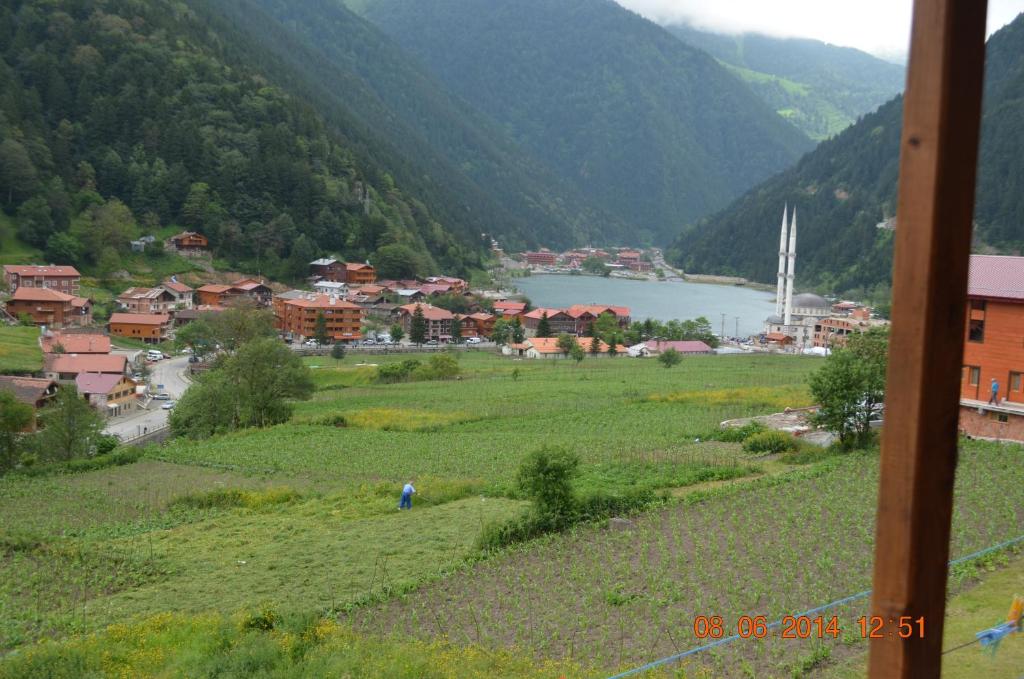 a town in a valley with a lake and mountains at Zeren Pansiyon in Uzungöl