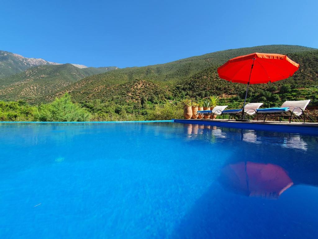 a swimming pool with a red umbrella and chairs at Kasbah Africa in Ouirgane