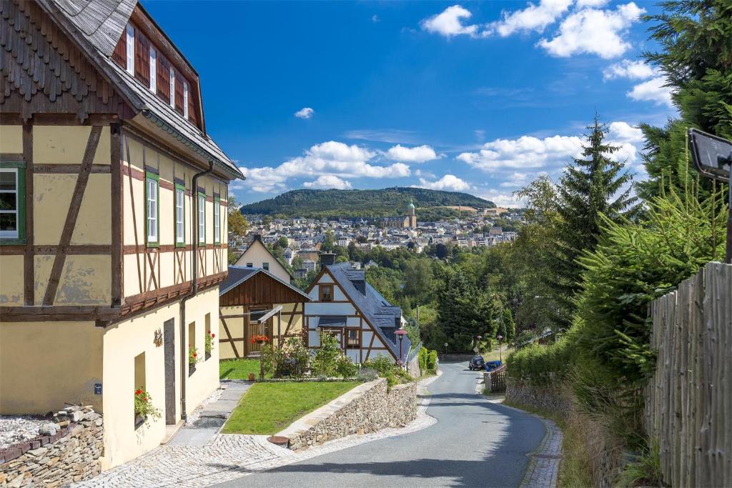 eine windige Straße in einem Dorf mit Häusern in der Unterkunft Ferienwohnungen im Vierseitenhof Linke in Annaberg-Buchholz