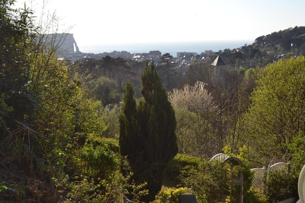 a garden with trees and a city in the distance at La Maison de la Rose in Étretat