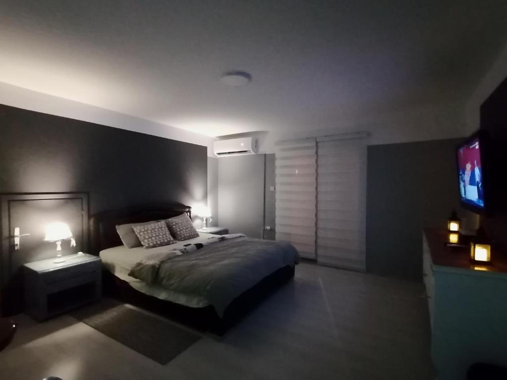 a bedroom with a bed and a flat screen tv at Apartman Panorama Arandjelovac in Arandjelovac