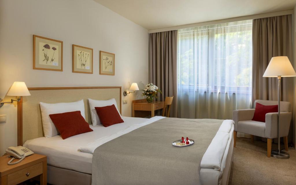 una camera d'albergo con un grande letto e una sedia di Hotel Castle Garden a Budapest