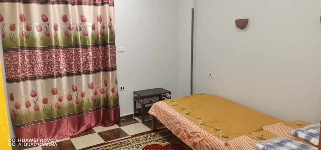 a bedroom with a bed and a curtain with tulips at Tut flat in Luxor