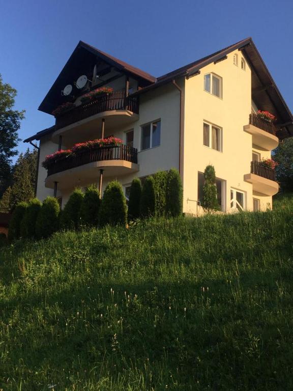 a large house with a balcony on top of a lawn at Vila Eduard in Fundata