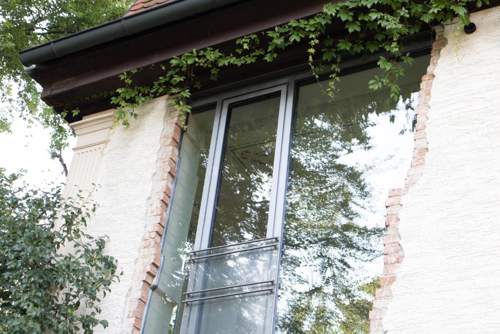 ein Fenster auf einem Backsteingebäude mit Efeu darauf in der Unterkunft villaflora Gästehaus in Riedlingen