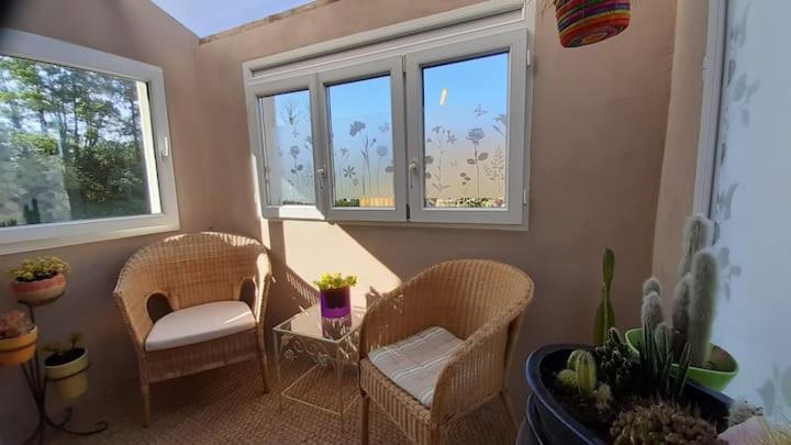 a room with two wicker chairs and two windows at Gite de la petite folie in Aizenay