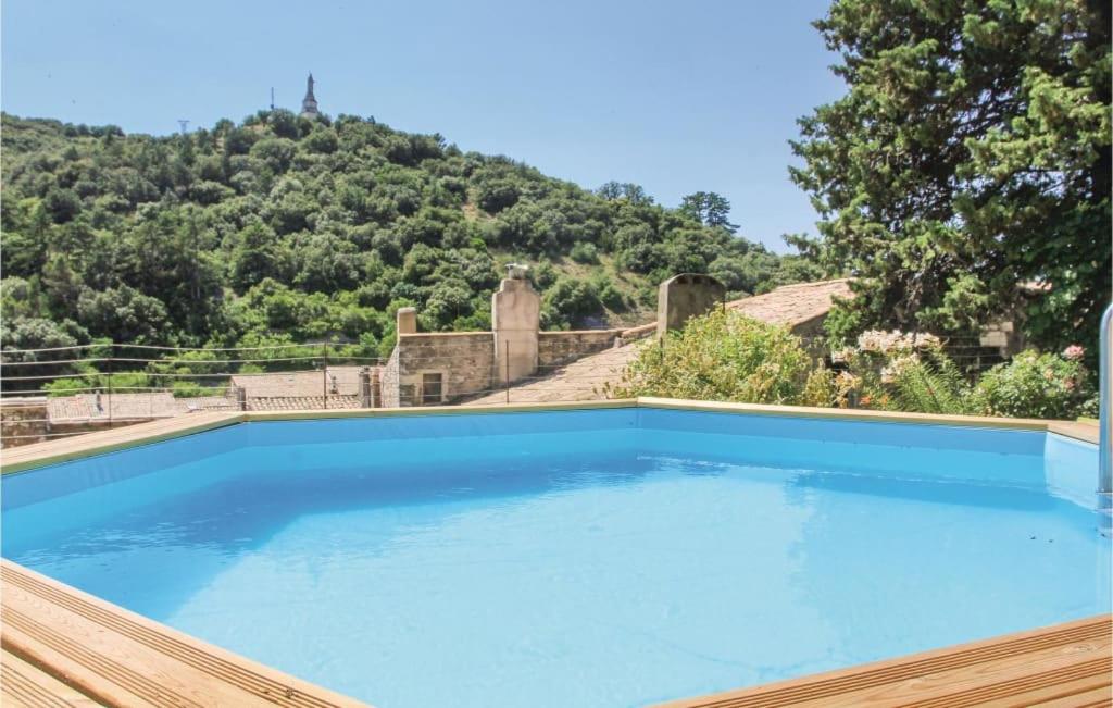 a large blue swimming pool with a mountain in the background at LES JARDINS DE LA CATHÉDRALE chambres d Hôtes gîte de groupe in Viviers