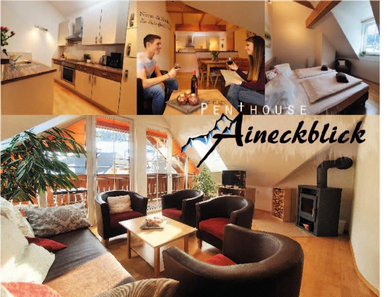 eine Collage eines Wohnzimmers mit einem Mann und einer Frau in der Unterkunft Penthouse Aineckblick in Sankt Margarethen im Lungau
