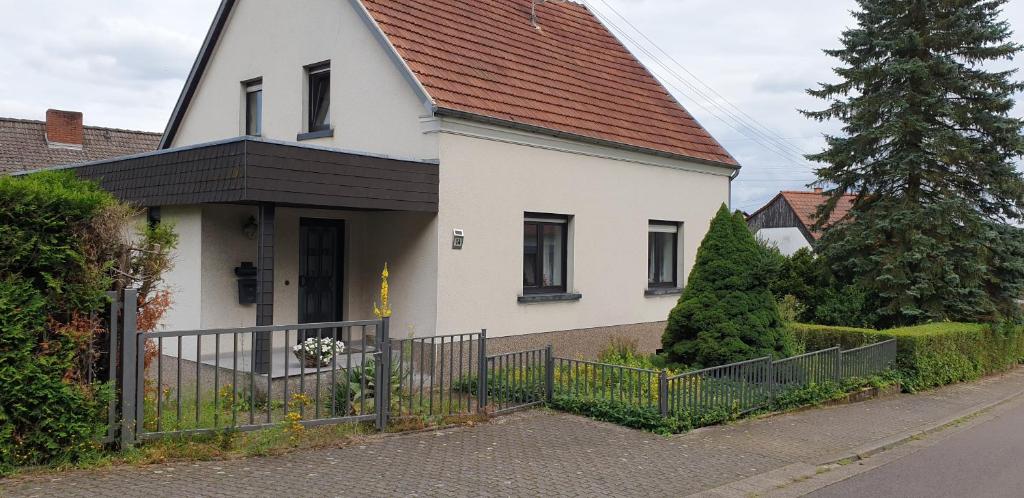 a white house with a black roof and a fence at Ferienhaus Am Heidebad in Schmelz