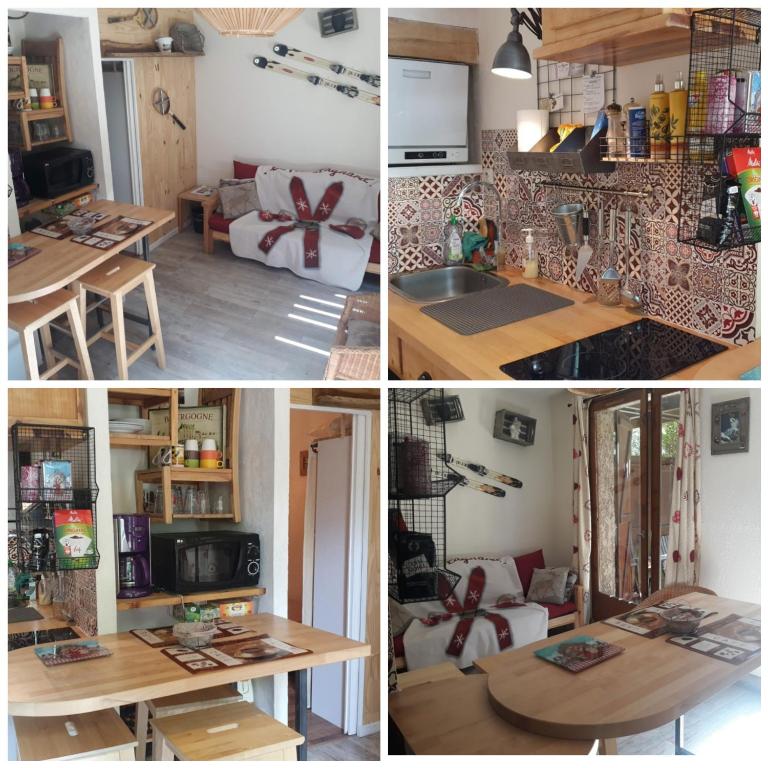four pictures of a kitchen and a living room at T2 centre avec jardinet in Luchon