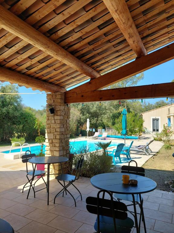 Saint-DidierにあるMaison d'Hôtes & Spa La Chêneraie-Provence Ventouxのパティオ(テーブル、椅子付)、プールが備わります。