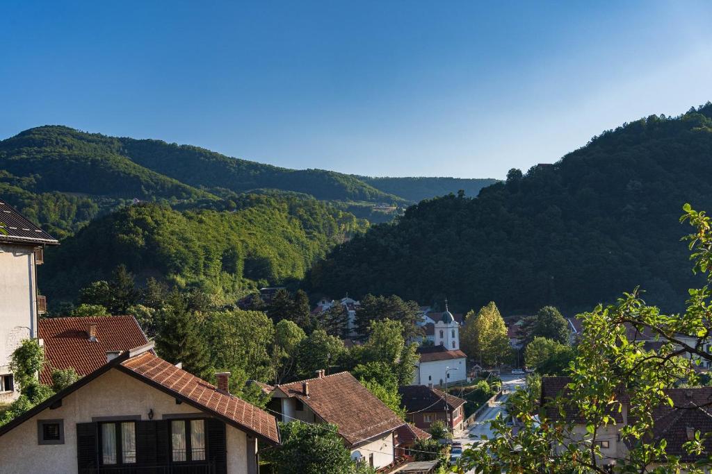 a view of a village with mountains in the background at Apartments Vidik in Ivanjica