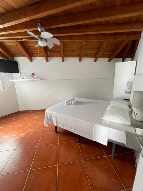 una camera con letto e ventilatore a soffitto di APARTAMETOS ELENA 11 a Lajares