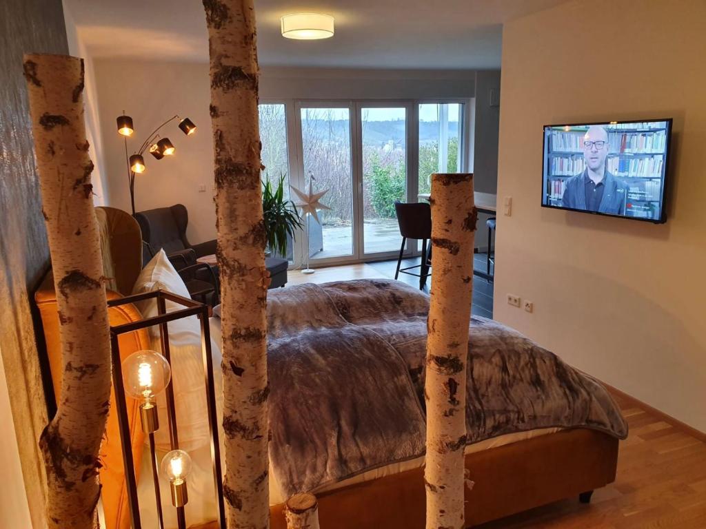 a bedroom with a bed and a tv on a wall at Ferienwohnung Schönblick in Sommerhausen