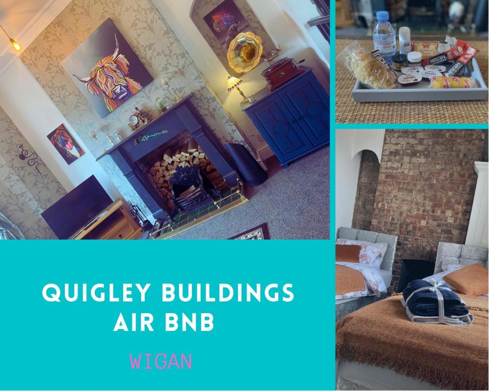 a collage of pictures of a living room and an apartment at Quigley Buildings - Stylish Entire 2 bed House sleeps 5 Wigan - Private Garden - Free parking - Wifi - Secure garden in Pemberton