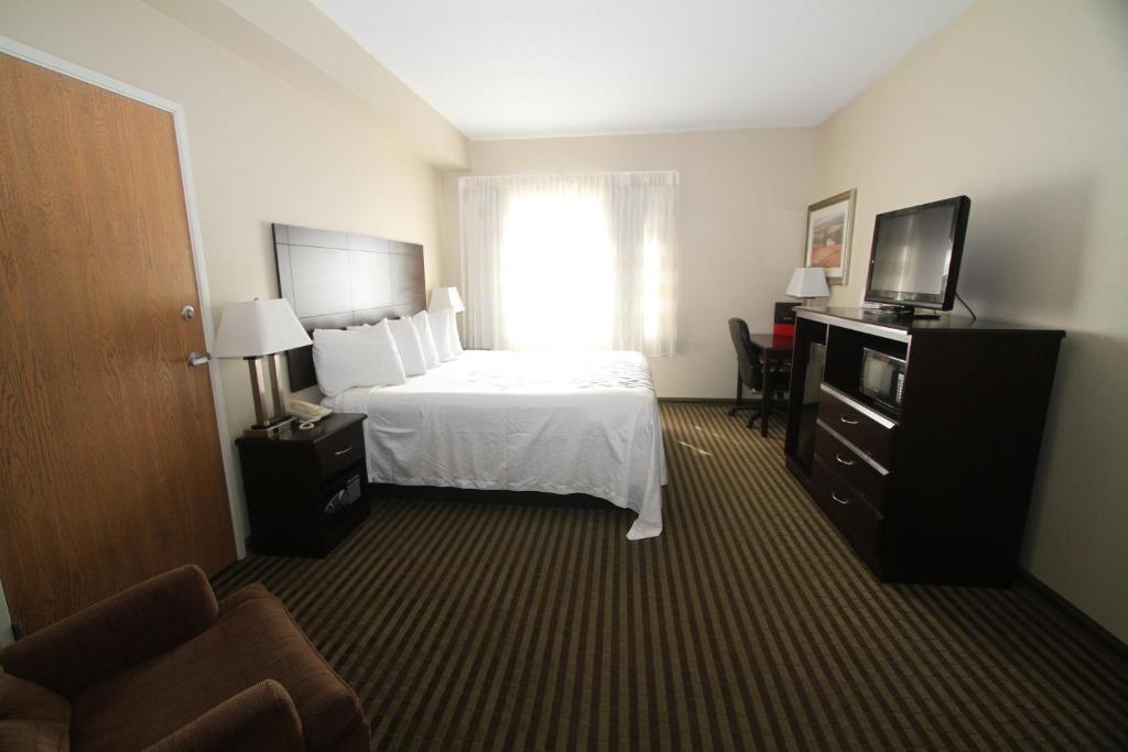 Habitación de hotel con cama y TV en Bowman Inn and Suites, en Bowman