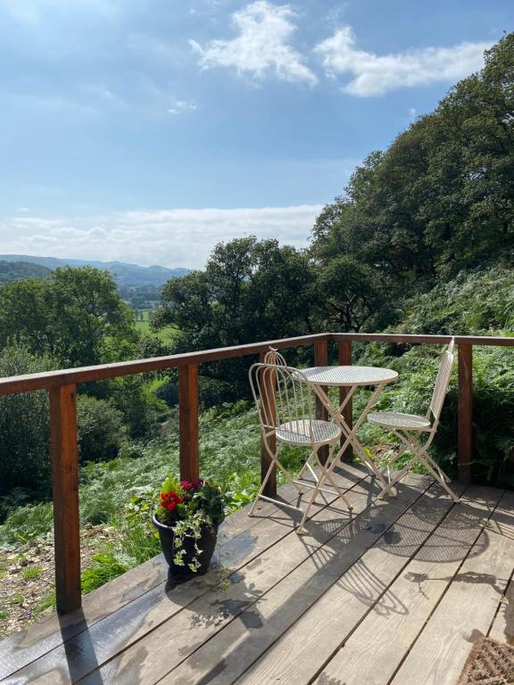 une terrasse en bois avec une table et des chaises. dans l'établissement Hendre-Aur Glamping Pod, à Machynlleth