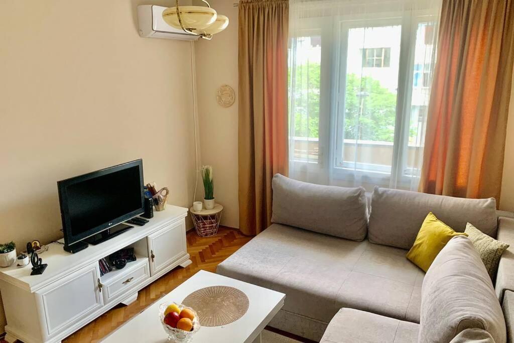 a living room with a couch and a flat screen tv at Cute, spacious apt in the heart of the old town in Podgorica