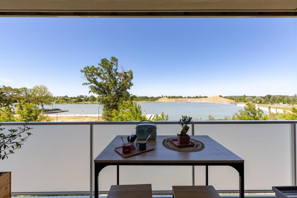 - une vue sur l'eau depuis le balcon d'une maison dans l'établissement Superbe studio, vue lac, Spirou, rando, velo, à Monteux