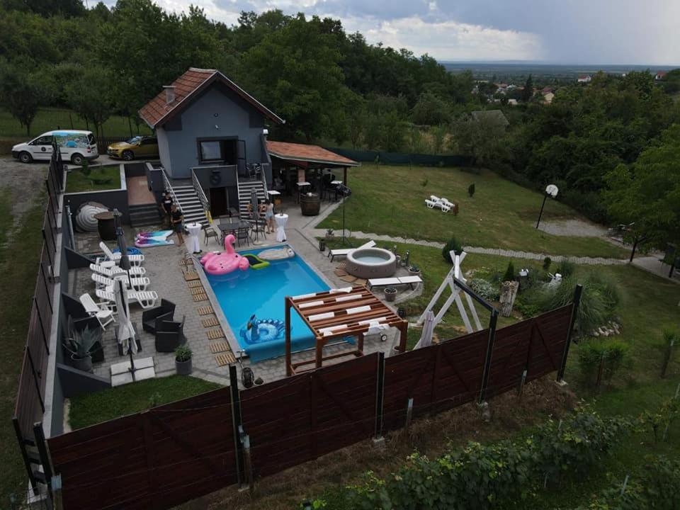 eine Luftansicht auf einen Hinterhof mit einem Pool und einem Haus in der Unterkunft Kuća za odmor Mladen i Martina in Slavonski Brod