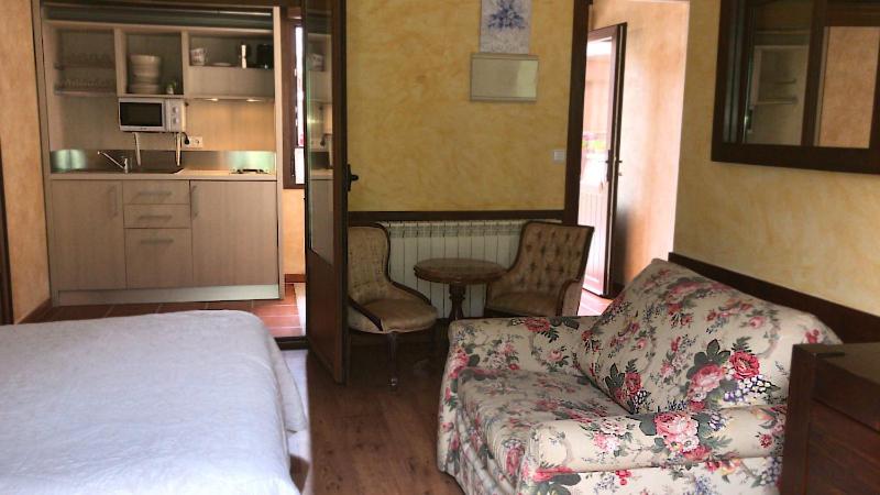 Habitación con cama, sofá y cocina. en Hotel Arenas de Cabrales- apartamentos en Arenas de Cabrales