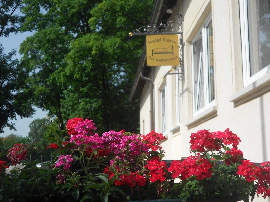 a window of a building with red flowers and a sign at Apartment-Pension Schwalbennest in Herzogenaurach