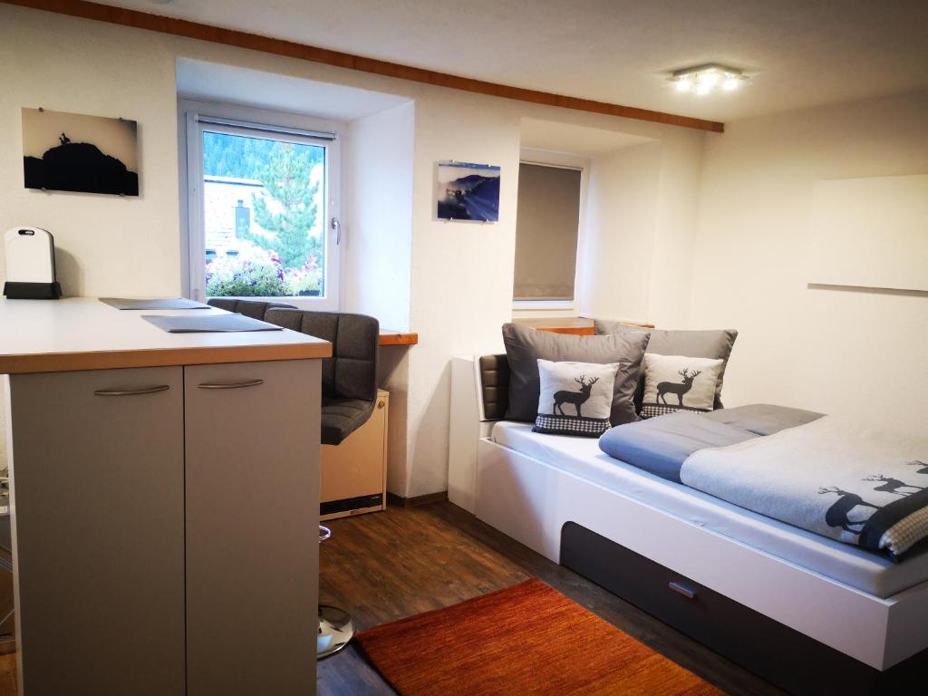 薩姆瑙恩的住宿－Haus Crestas，小房间设有一张床和一张书桌