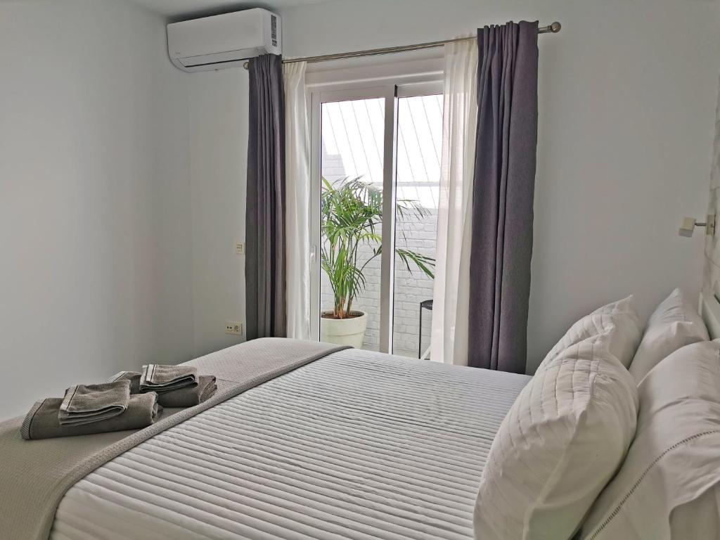 ein Schlafzimmer mit einem Bett und ein Fenster mit einer Pflanze in der Unterkunft Luxury Apartment On The Beach in Playa Honda