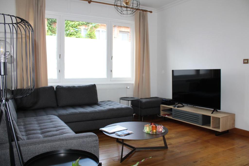 een woonkamer met een bank en een tv bij Vakantiewoning 't Kartuis, Brugge in Brugge