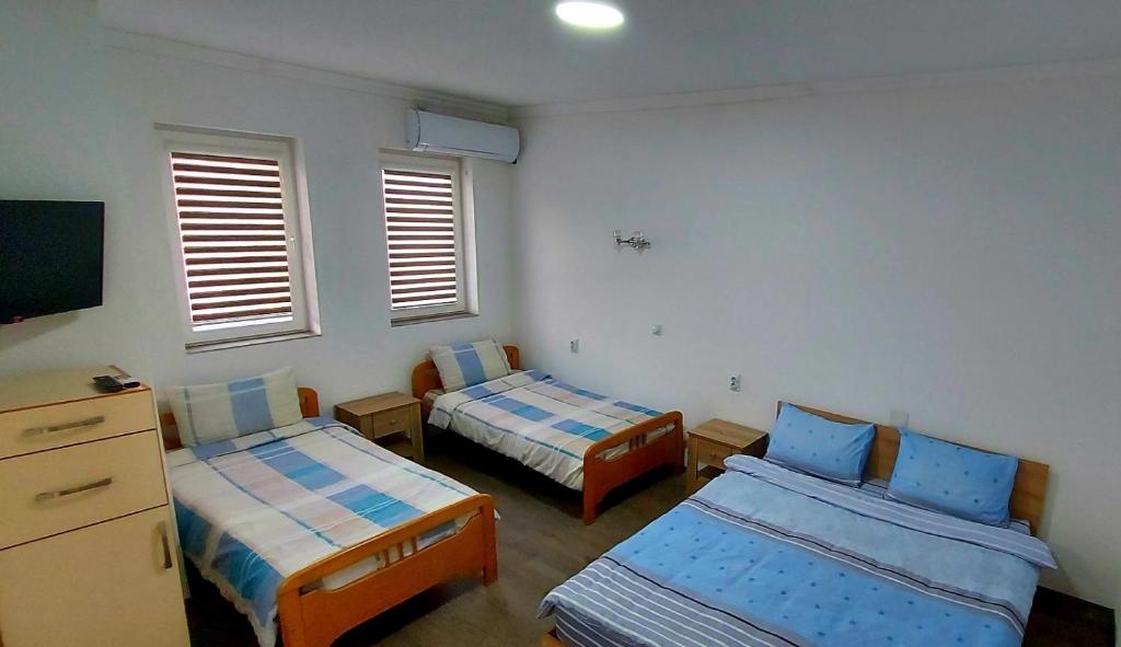 a room with two beds and a tv and two windows at NANE in Kruševo