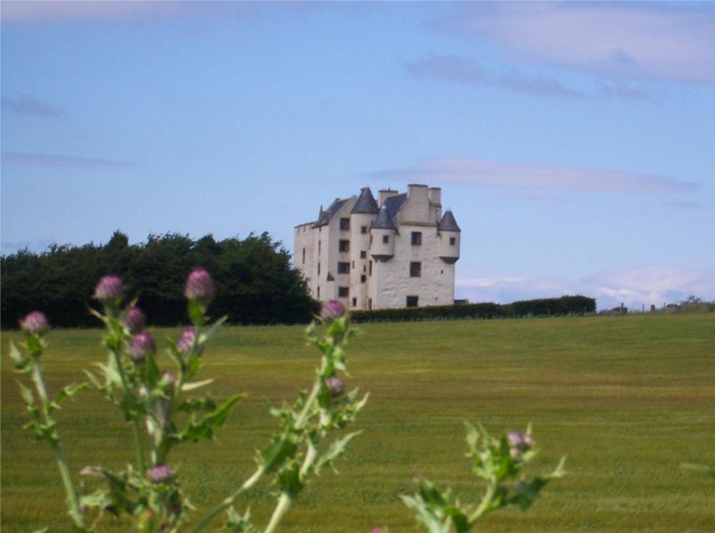 una casa vieja en un campo con flores en primer plano en Faside Estate, en Musselburgh