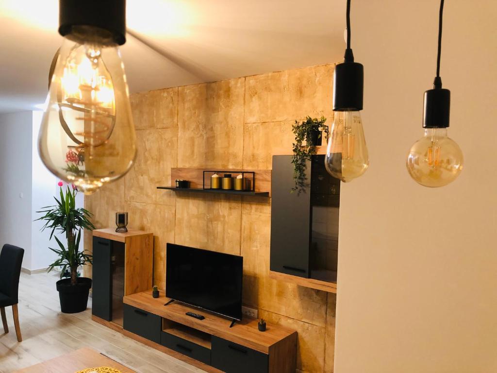 uma sala de estar com uma televisão na parede em Masha Apartment em Divčibare