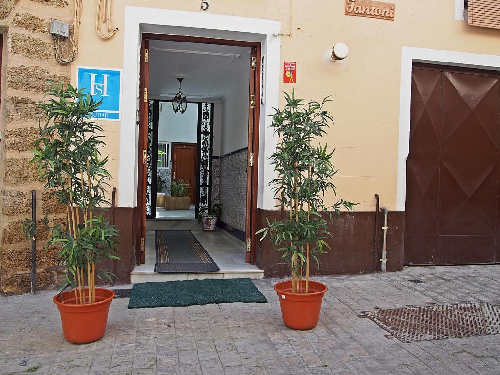 an open door with potted plants in front of a building at Hostal Fantoni in Cádiz