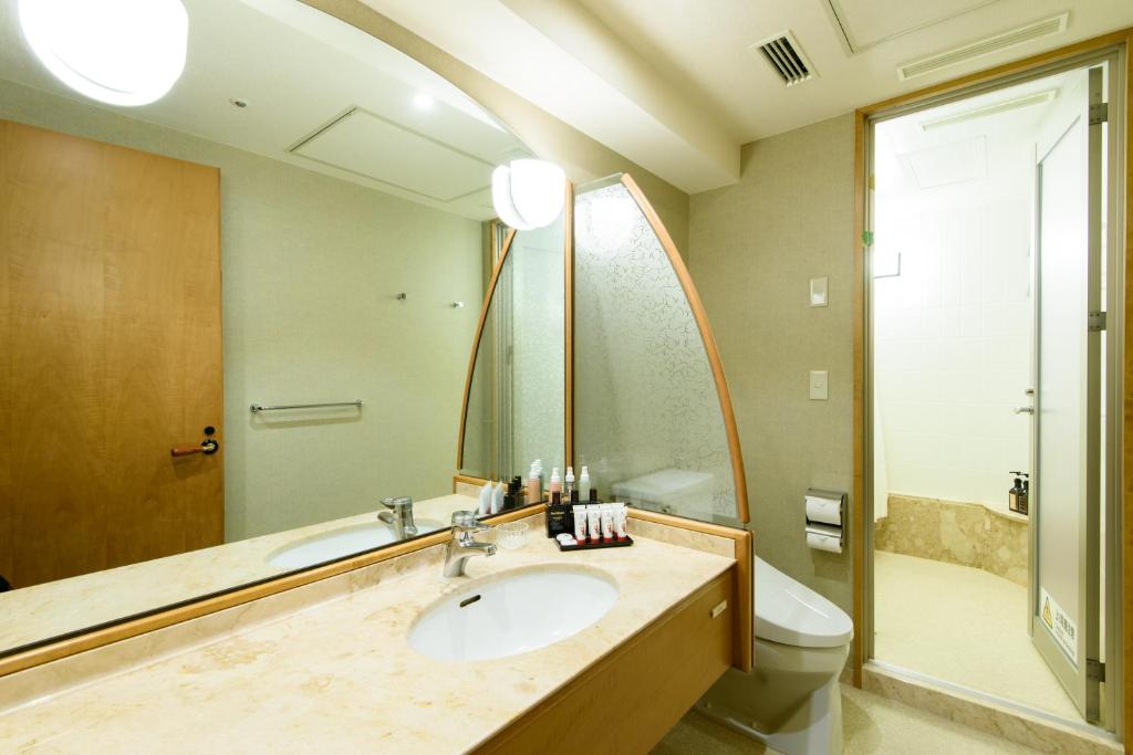 a bathroom with a sink and a toilet and a mirror at Kanazawa Tokyu Hotel in Kanazawa