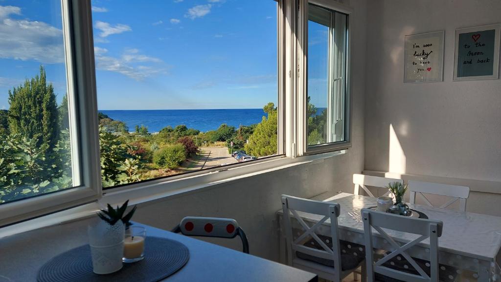 a room with a table and two chairs and two windows at Pipo Apartment Mareda in Novigrad Istria